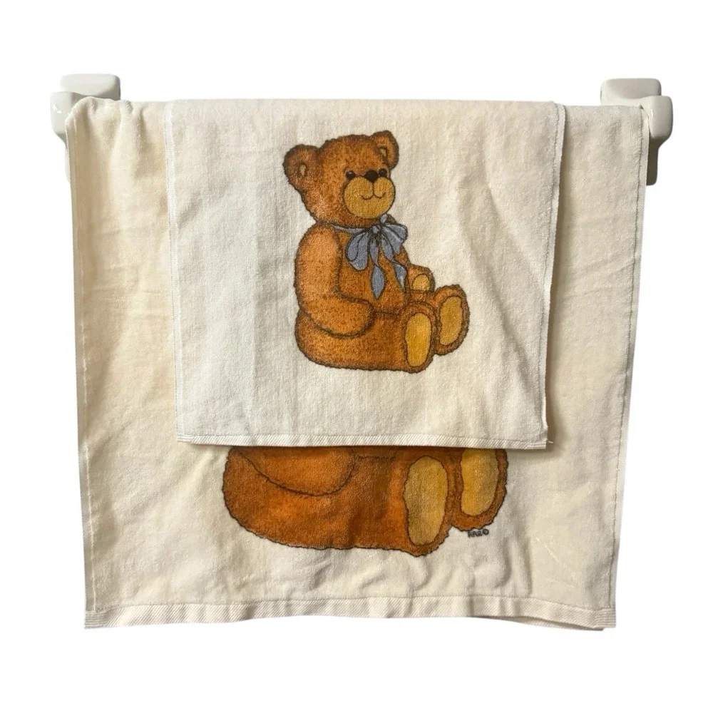Vintage R.A Briggs Brown Teddy Bear Bath Towel Set‎ NOS